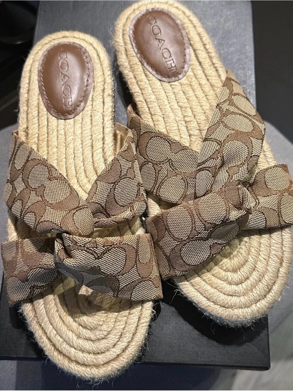 Coach Tan/Brown Signature Canvas Bow Espadrille Slide